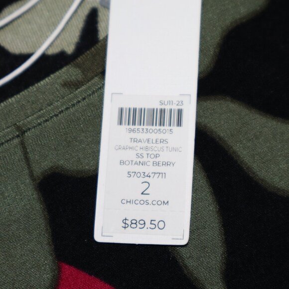 Chico's Travelers Womens Short Sleeve Hibiscus Print Tunic Botanic Berry Size L - Picture 4 of 7